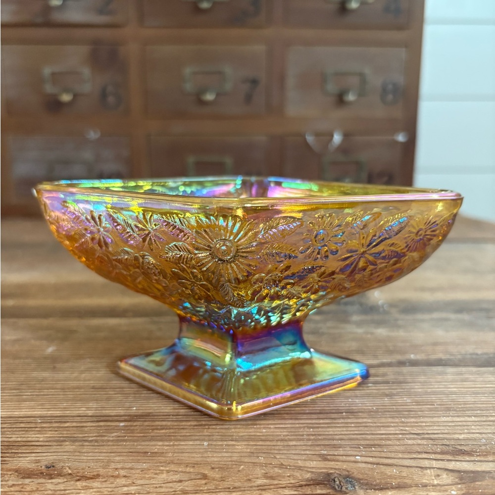 Indiana Glass Iridescent Amber Floral Compote carnival glass
